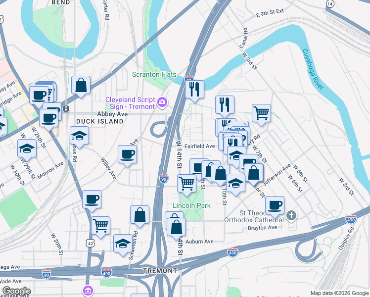 map of restaurants, bars, coffee shops, grocery stores, and more near 2215 West 14th Street in Cleveland