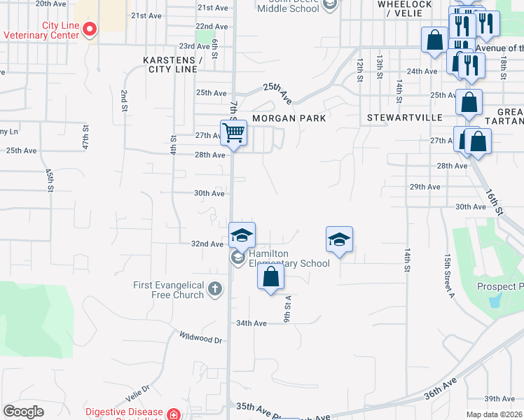 map of restaurants, bars, coffee shops, grocery stores, and more near 2925 9th Street in Moline
