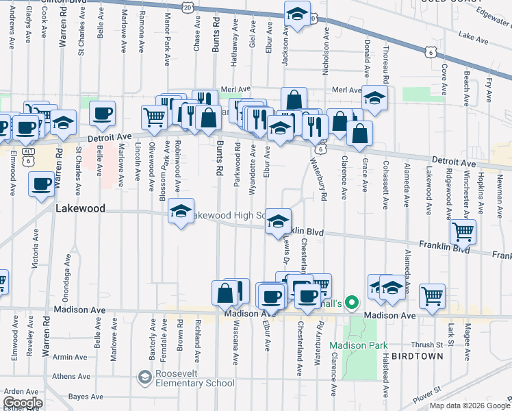 map of restaurants, bars, coffee shops, grocery stores, and more near 1496 Wyandotte Avenue in Lakewood