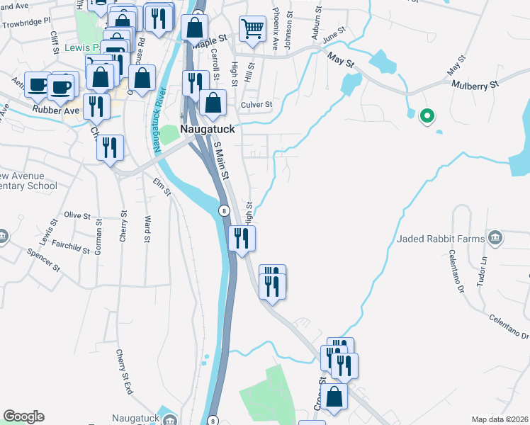 map of restaurants, bars, coffee shops, grocery stores, and more near 61 High Street in Naugatuck