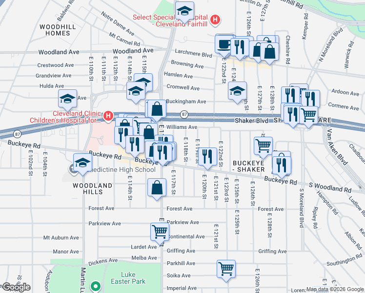 map of restaurants, bars, coffee shops, grocery stores, and more near 2805 East 117th Street in Cleveland