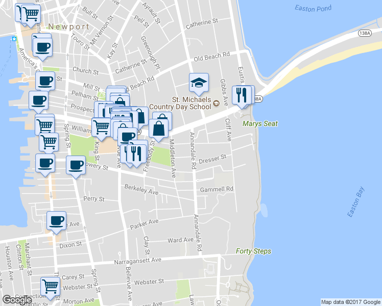map of restaurants, bars, coffee shops, grocery stores, and more near 23 Annandale Road in Newport