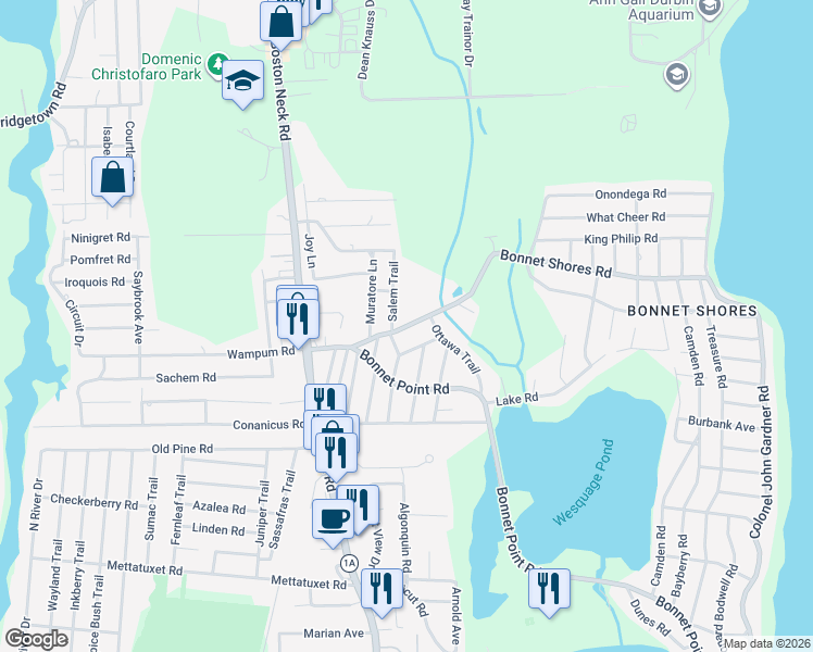map of restaurants, bars, coffee shops, grocery stores, and more near 30 Salem Trail in Narragansett