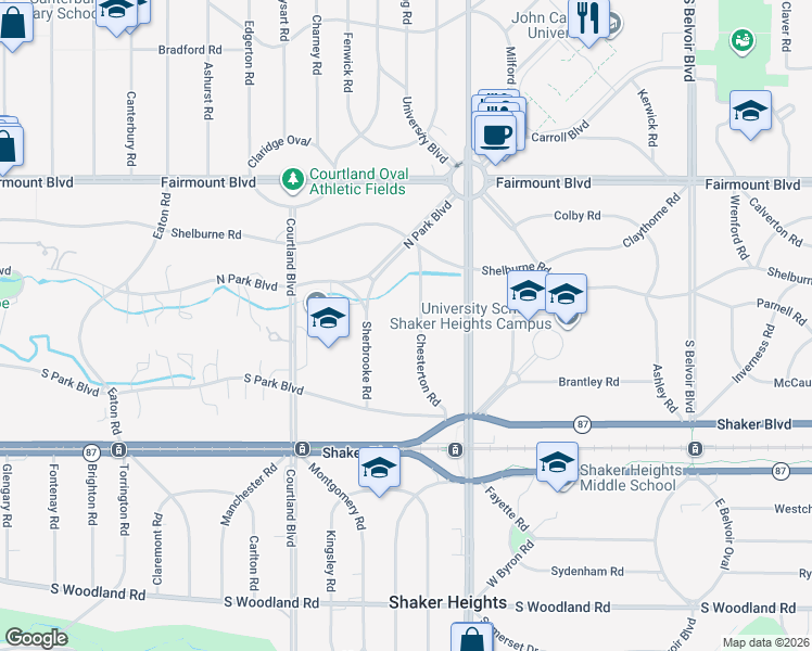 map of restaurants, bars, coffee shops, grocery stores, and more near 2700 Chesterton Road in Shaker Heights