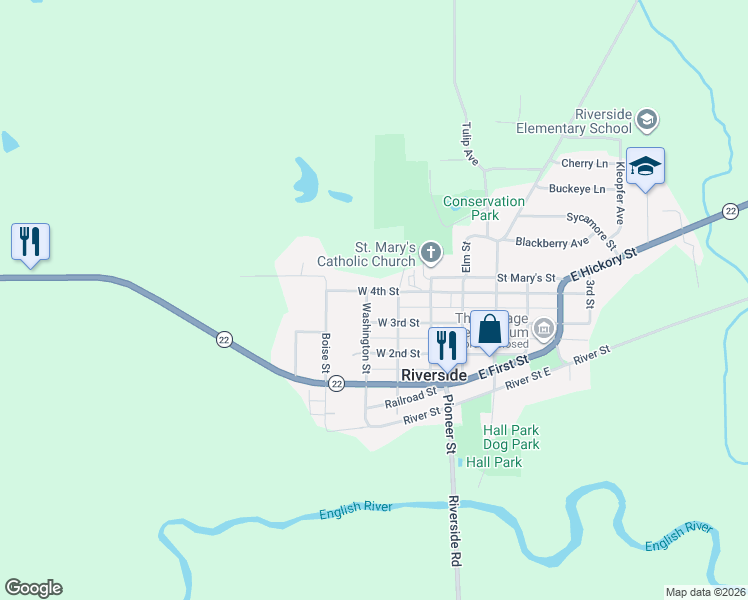 map of restaurants, bars, coffee shops, grocery stores, and more near 4th St in Riverside