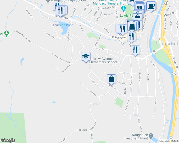 map of restaurants, bars, coffee shops, grocery stores, and more near 314 Spencer Street in Naugatuck