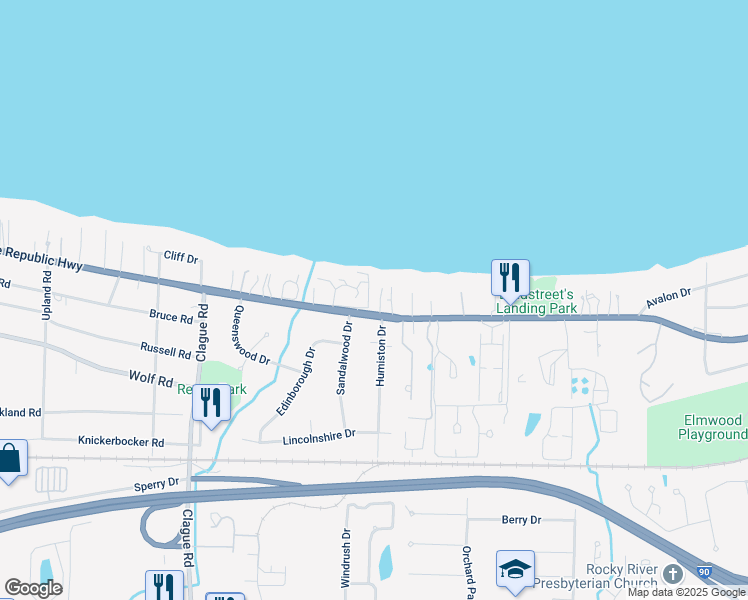 map of restaurants, bars, coffee shops, grocery stores, and more near 23012 Lake Road in Bay Village