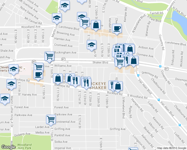 map of restaurants, bars, coffee shops, grocery stores, and more near 2793 East 125th Street in Cleveland