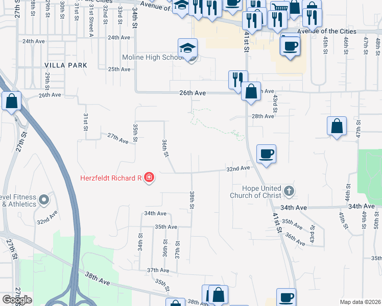 map of restaurants, bars, coffee shops, grocery stores, and more near 2800 38th Street in Moline