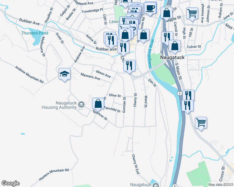 map of restaurants, bars, coffee shops, grocery stores, and more near 69 Gorman Street in Naugatuck