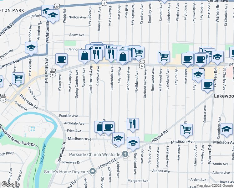 map of restaurants, bars, coffee shops, grocery stores, and more near 1498 Wagar Avenue in Lakewood