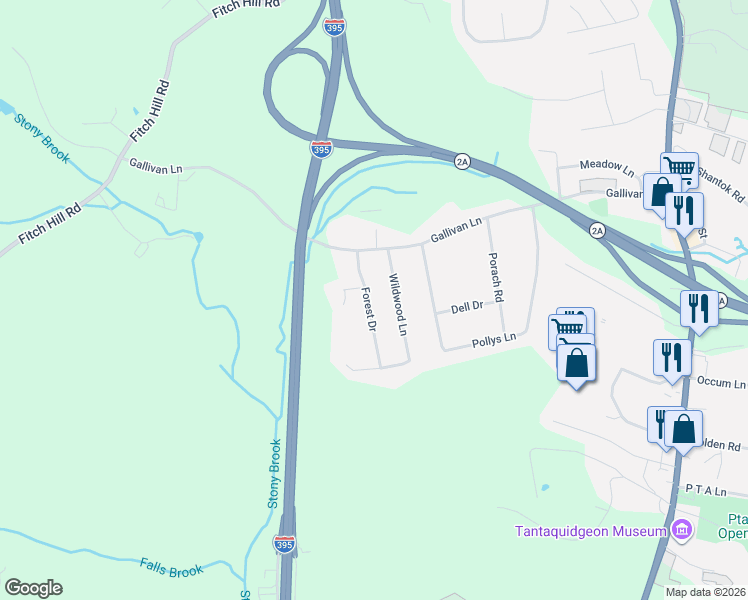 map of restaurants, bars, coffee shops, grocery stores, and more near 45 Forest Drive in Montville