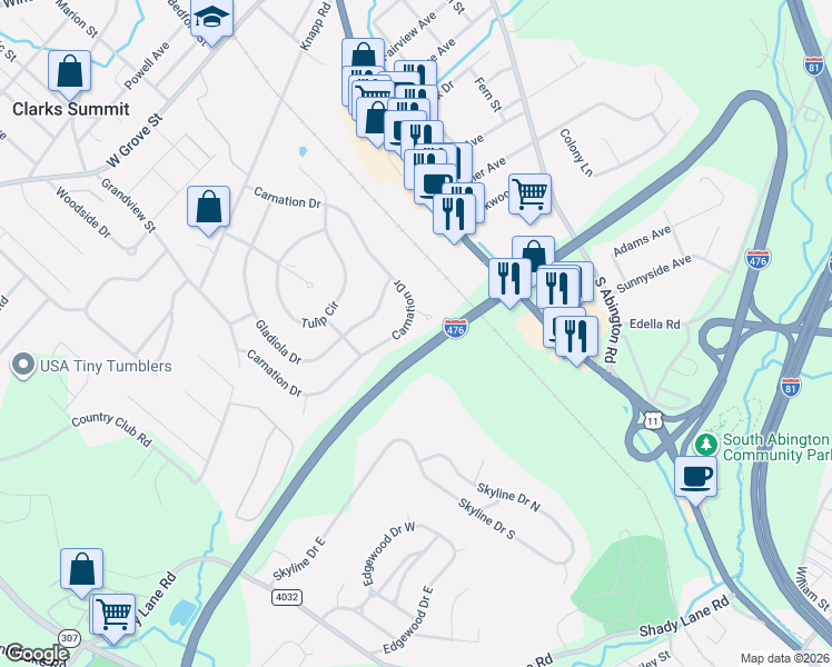 map of restaurants, bars, coffee shops, grocery stores, and more near Carnation Ct in Clarks Summit