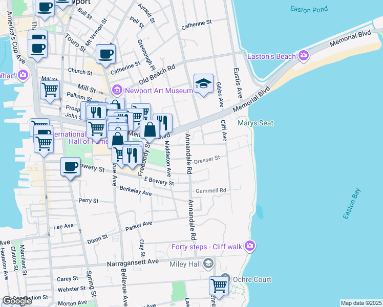 map of restaurants, bars, coffee shops, grocery stores, and more near 17 Annandale Road in Newport