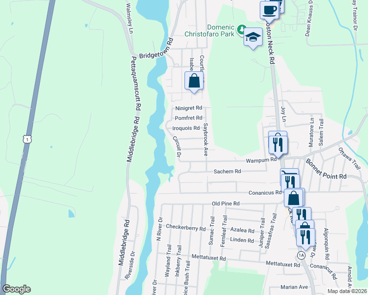 map of restaurants, bars, coffee shops, grocery stores, and more near 110 Mount View Road in Narragansett
