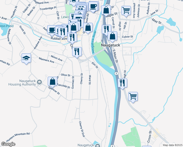 map of restaurants, bars, coffee shops, grocery stores, and more near 47 Ward Street in Naugatuck