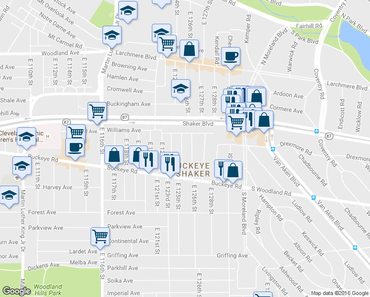 map of restaurants, bars, coffee shops, grocery stores, and more near 2782 East 126th Street in Cleveland