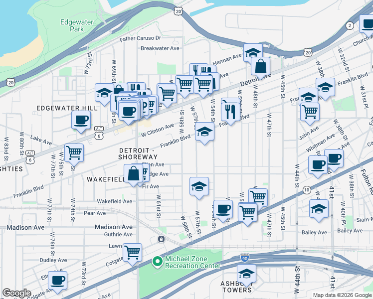 map of restaurants, bars, coffee shops, grocery stores, and more near 1803 West 58th Street in Cleveland