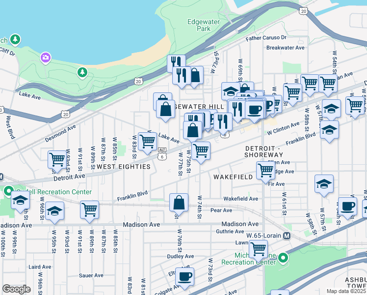 map of restaurants, bars, coffee shops, grocery stores, and more near 7427 U.S. 6 Alternate in Cleveland