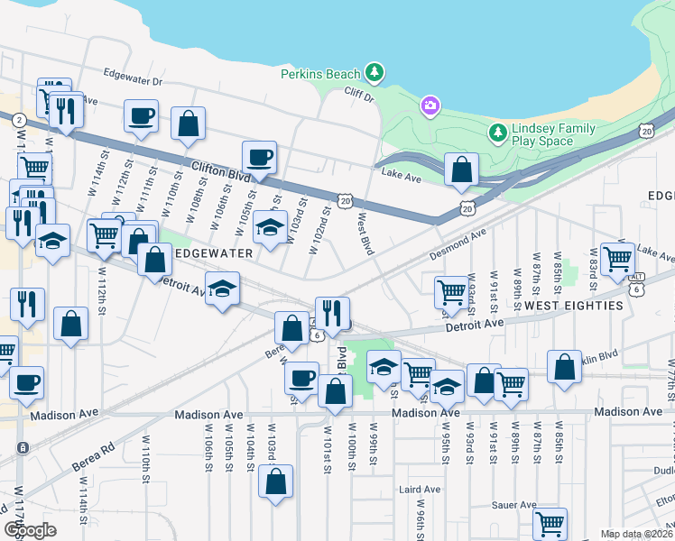 map of restaurants, bars, coffee shops, grocery stores, and more near 10020 Baltic Road in Cleveland