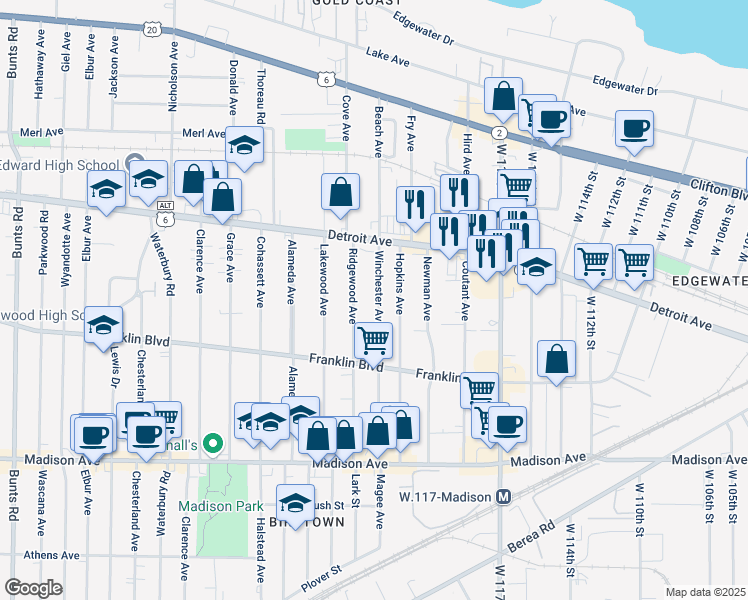 map of restaurants, bars, coffee shops, grocery stores, and more near 1457 Winchester Avenue in Lakewood