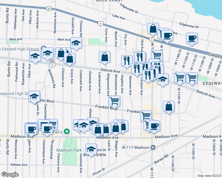 map of restaurants, bars, coffee shops, grocery stores, and more near 1457 Winchester Avenue in Lakewood