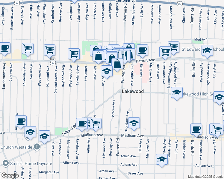 map of restaurants, bars, coffee shops, grocery stores, and more near 1494 Victoria Avenue in Lakewood