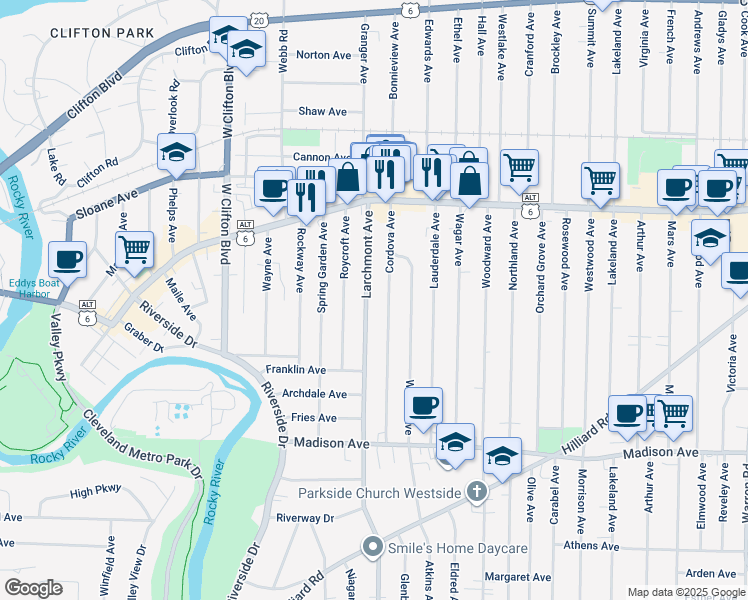 map of restaurants, bars, coffee shops, grocery stores, and more near 1500 Cordova Avenue in Lakewood