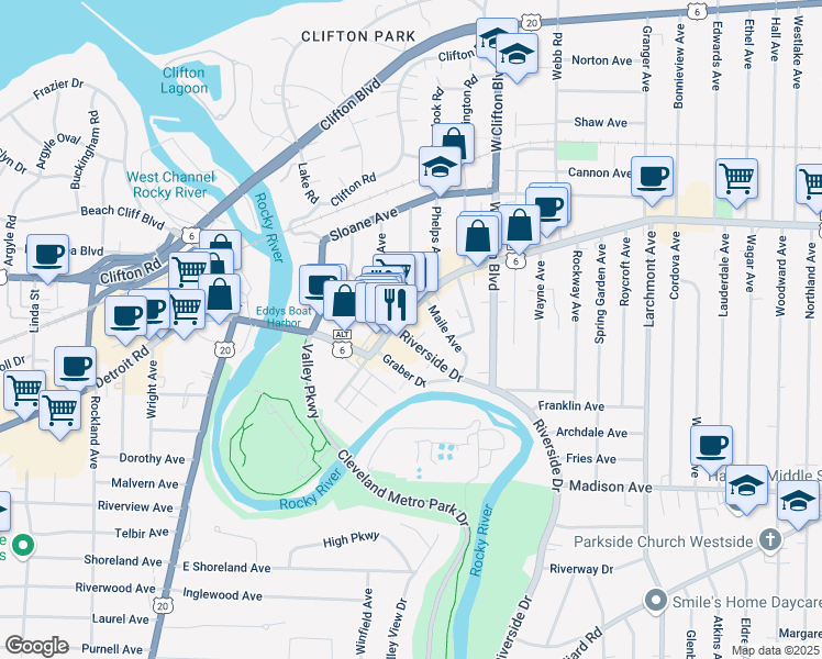 map of restaurants, bars, coffee shops, grocery stores, and more near 18428 Detroit Avenue in Lakewood