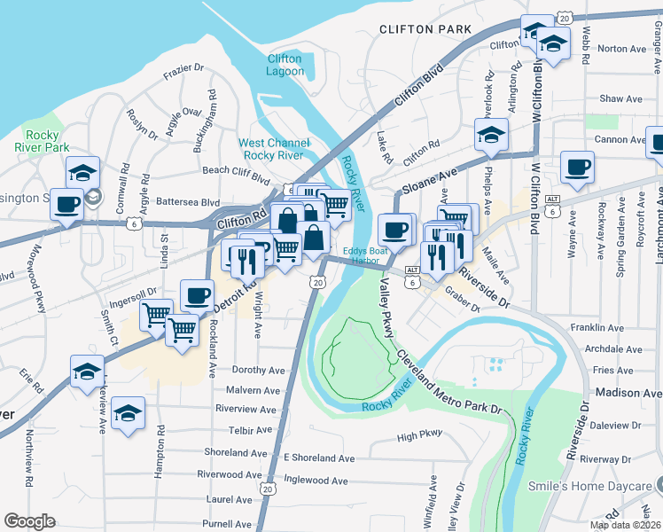 map of restaurants, bars, coffee shops, grocery stores, and more near 1515 Wooster Road in Rocky River