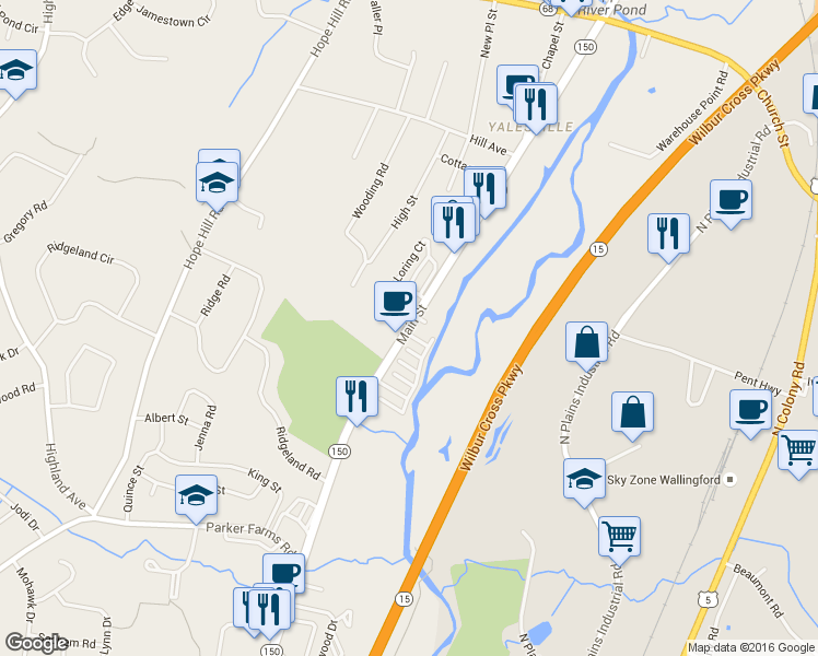 map of restaurants, bars, coffee shops, grocery stores, and more near 244 Main Street in Wallingford