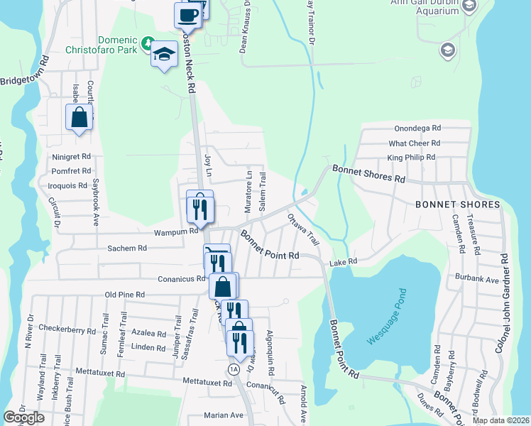 map of restaurants, bars, coffee shops, grocery stores, and more near 30 Salem Trail in Narragansett
