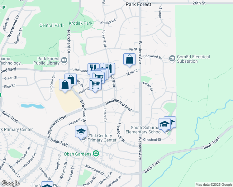 map of restaurants, bars, coffee shops, grocery stores, and more near 327 Forest Boulevard in Park Forest