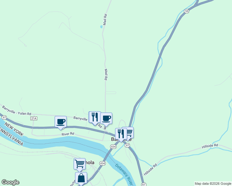 map of restaurants, bars, coffee shops, grocery stores, and more near Montoza Cemetery in Barryville