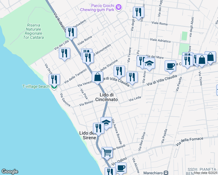 map of restaurants, bars, coffee shops, grocery stores, and more near 18 Via Tirelli in Anzio