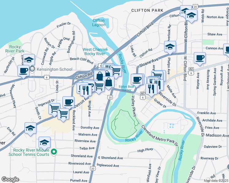 map of restaurants, bars, coffee shops, grocery stores, and more near 1515 Wooster Road in Rocky River