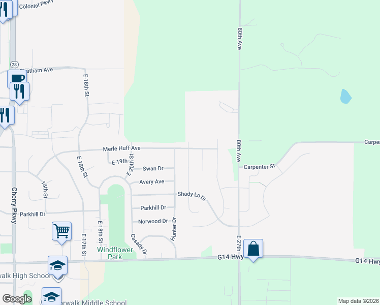 map of restaurants, bars, coffee shops, grocery stores, and more near 2513 Merle Huff Avenue in Norwalk
