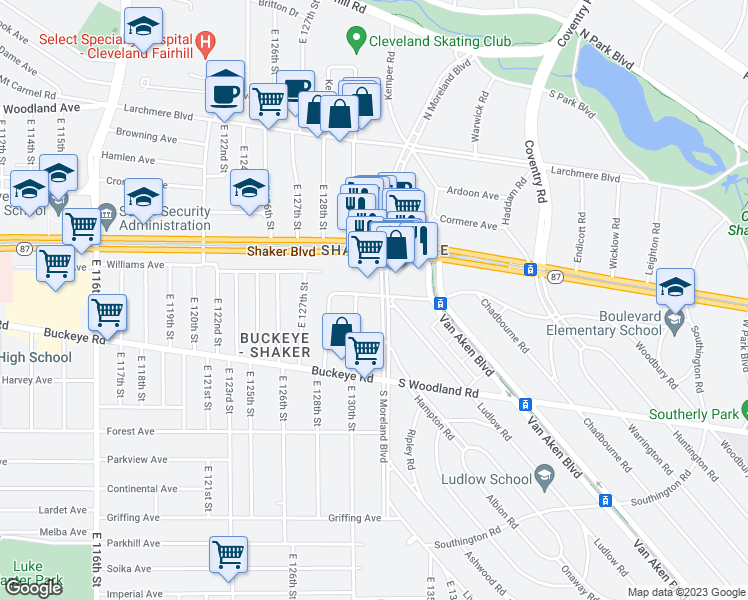 map of restaurants, bars, coffee shops, grocery stores, and more near 13130 Shaker Square in Cleveland