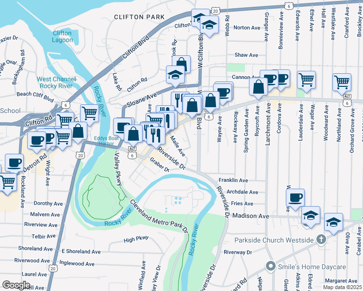 map of restaurants, bars, coffee shops, grocery stores, and more near 1420 Maile Avenue in Lakewood