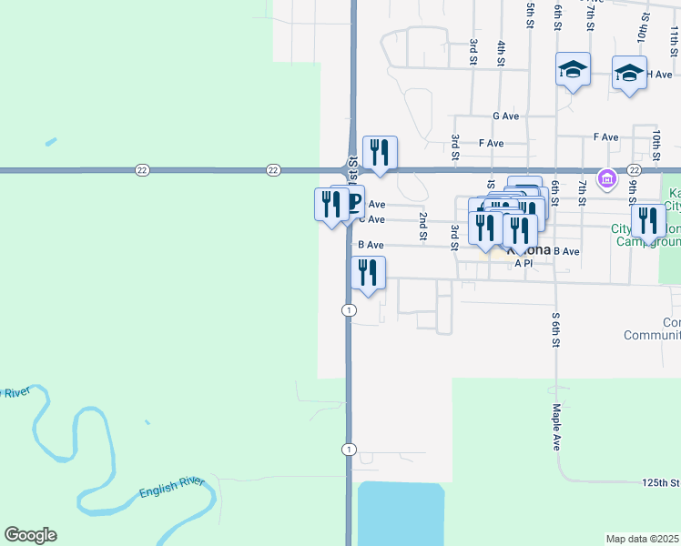 map of restaurants, bars, coffee shops, grocery stores, and more near 101 1st Street in Kalona
