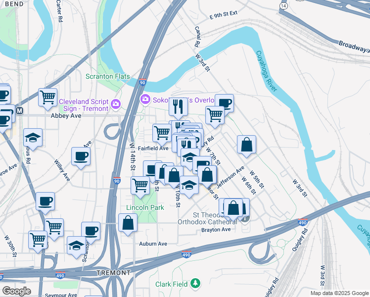 map of restaurants, bars, coffee shops, grocery stores, and more near 2176 Thurman Avenue in Cleveland