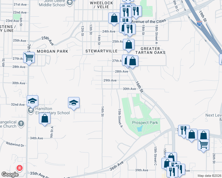 map of restaurants, bars, coffee shops, grocery stores, and more near 3006 15th Street in Moline