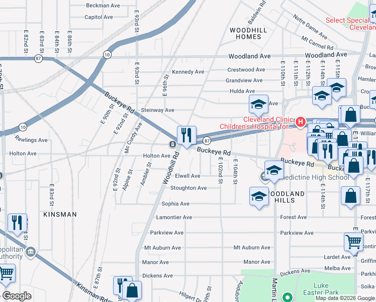 map of restaurants, bars, coffee shops, grocery stores, and more near 9718 Buckeye Road in Cleveland