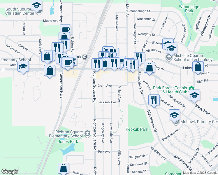 map of restaurants, bars, coffee shops, grocery stores, and more near 22345 Ridgeway Avenue in Richton Park
