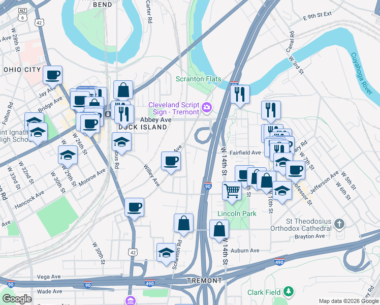 map of restaurants, bars, coffee shops, grocery stores, and more near 1535 Fairfield Avenue in Cleveland