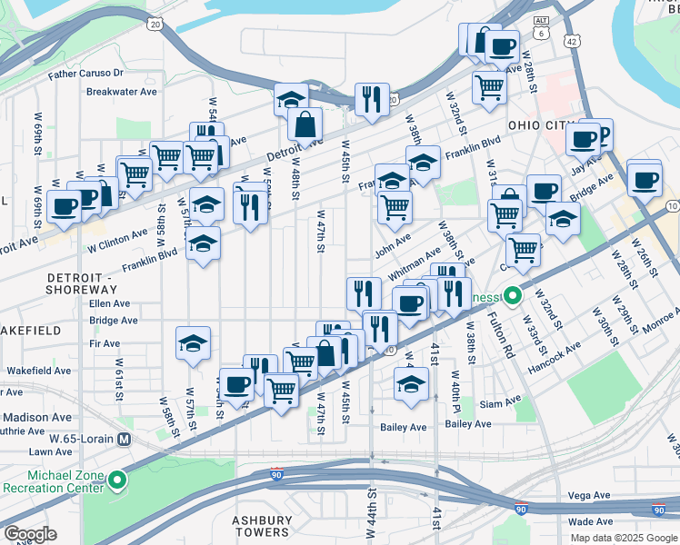map of restaurants, bars, coffee shops, grocery stores, and more near 1853 West 47th Street in Cleveland