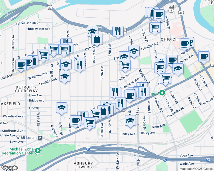 map of restaurants, bars, coffee shops, grocery stores, and more near 1853 West 47th Street in Cleveland