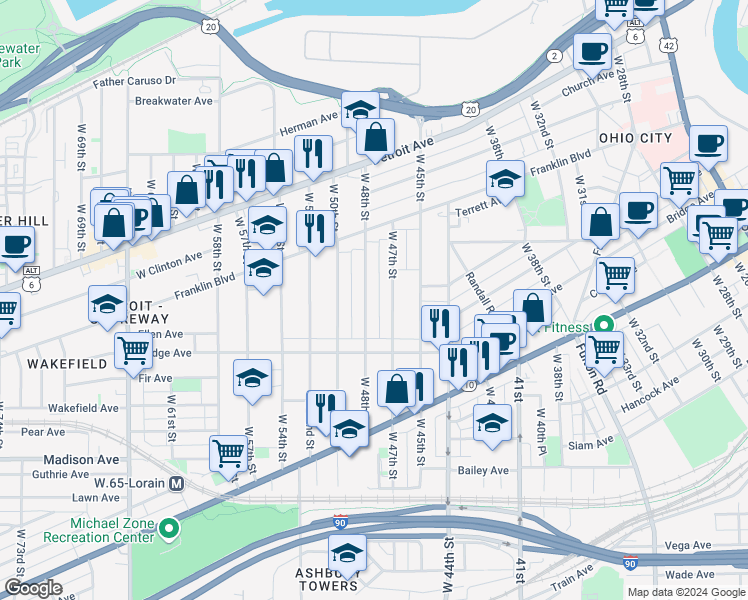 map of restaurants, bars, coffee shops, grocery stores, and more near 1835 West 48th Street in Cleveland