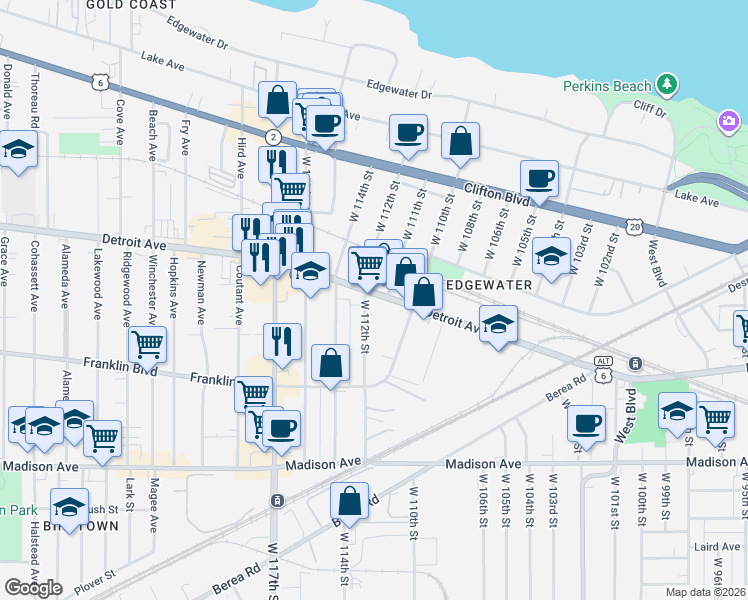 map of restaurants, bars, coffee shops, grocery stores, and more near 11201 Detroit Avenue in Cleveland