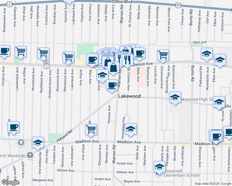map of restaurants, bars, coffee shops, grocery stores, and more near 1495 Warren Road in Lakewood